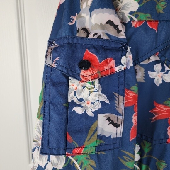 Staple Hooded Rain Jacket Coat Pigeon Brand Blue Floral Birds Print Size M - Picture 13 of 16